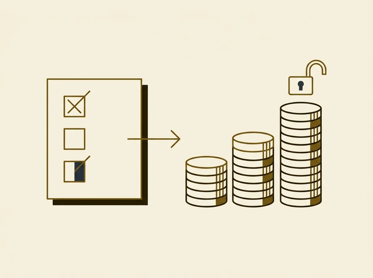 A checklist card with three checkboxes flowing into an itemized stack of three coin stacks of increasing height, topped by a padlock opening, illustrating checking a few boxes to reveal an itemized eligibility and cost total.