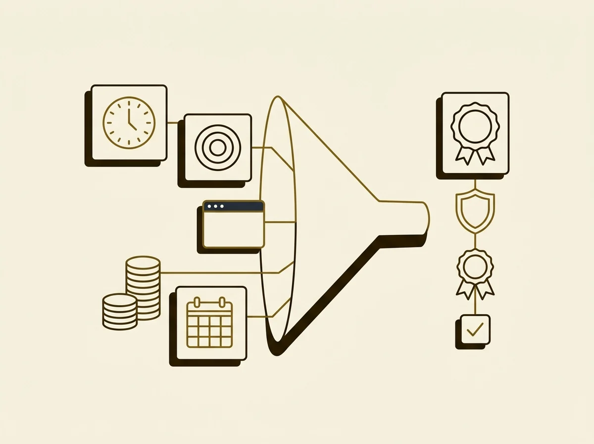 Five input tiles, a clock, a goal ring, a software window, a stack of coins, and a calendar, funneling into one ranked vertical stack of four distinct credential badge shapes, illustrating five inputs being weighed into one ranked recommendation.