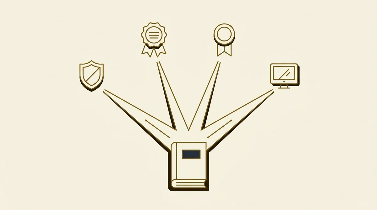 A single ledger book at the base, with four distinct thin paths fanning outward and upward, ending respectively in a shield, a professional-designation ribbon badge, a course-completion ribbon, and a software checkmark screen, illustrating one starting point branching into four structurally different kinds of credentials.
