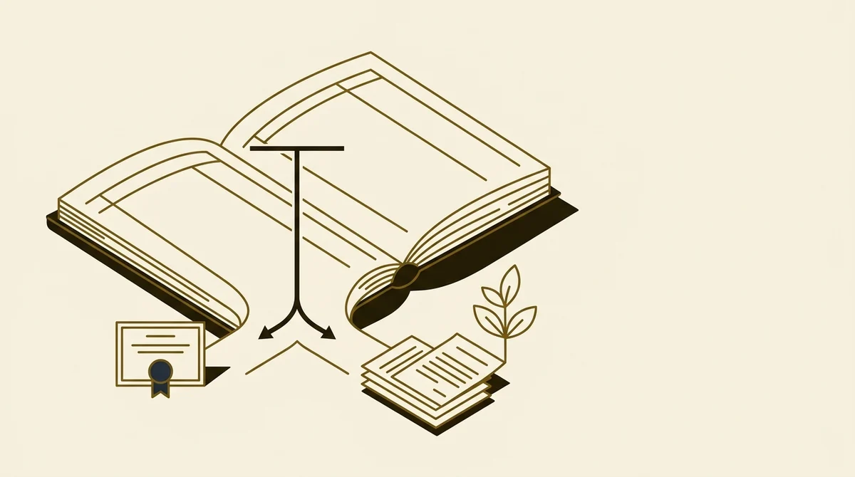 An open ledger book whose center spine forks into two paths: one leads to a small framed certificate, the other continues forward as a stack of real transaction papers with a small growing plant, illustrating the two honest ways forward, a credential or demonstrated experience and a portfolio.