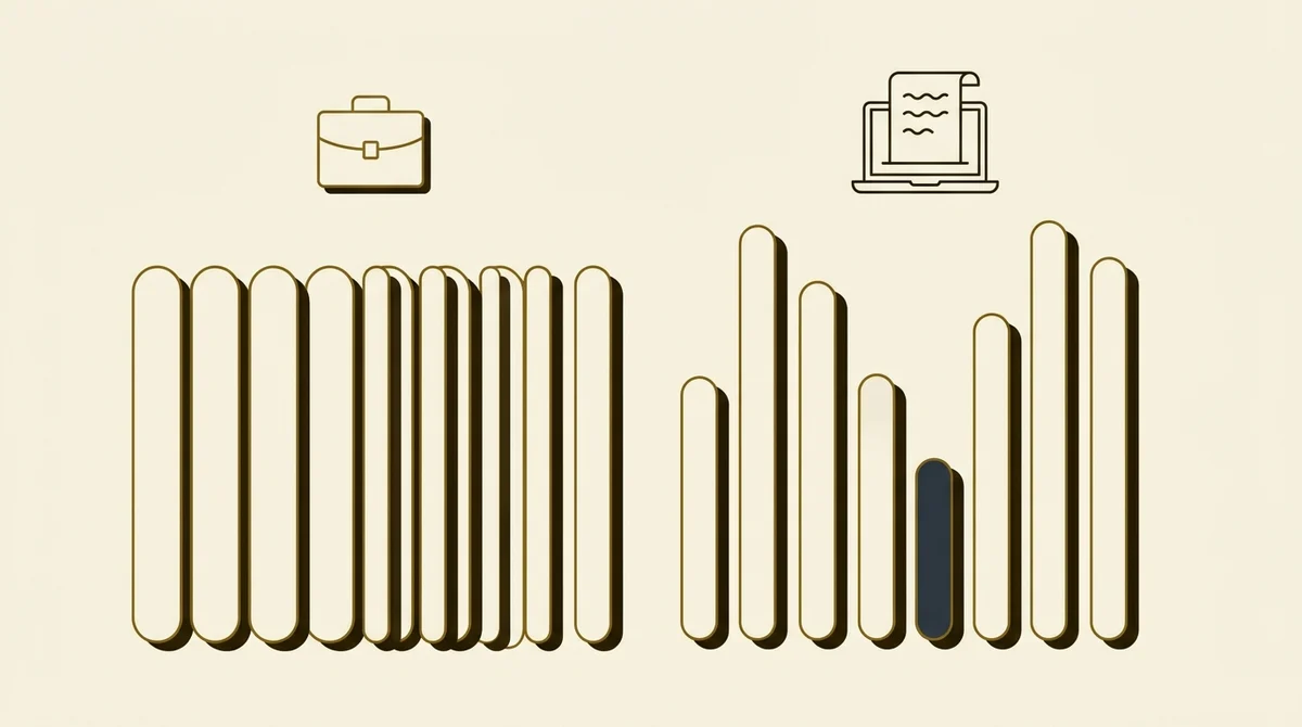 Two groups of vertical bars without any numbers, a briefcase over a tighter, more even-height employed group on the left, and a laptop over a more varied-height freelance group on the right, illustrating that freelance pay varies more widely than employed pay, as a shape, not a figure.